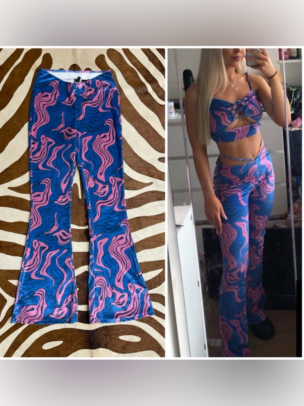 H&M Divided Velour Groovy Bottoms Pink and Blue Marble Swirl Print